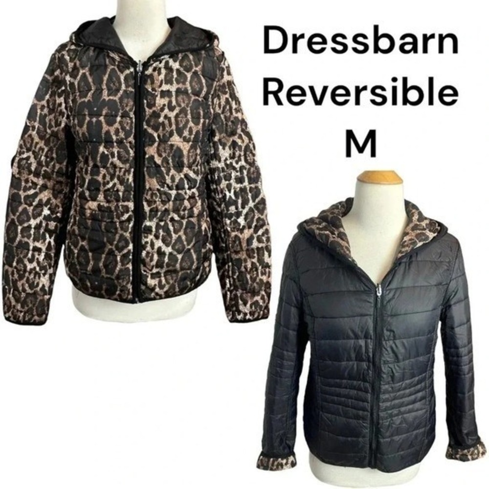 Dressbarn M black + leopard print reversible hooded puffer jacket with pockets‎